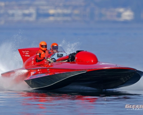 Red hydroplane racing on Lake Chelan